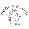 A logo-style graphic on a white background with the words 'HOOF & HAVEN CLUB' in dark gray lettering, a simple line drawing of a horse head in the center, and a small brown heart near the right side of the horse.